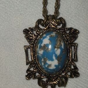 Vintage Gold tone Chain Turquoise Color Stone Pendant 23" Brooch Necklace